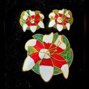 Floral Cloisonné Enamel Brooch and Pierced Earring Set